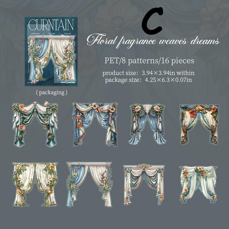 A product presentation graphic for a curtain PET pattern set. The left side shows the retail packaging, featuring a blue and white curtain design with floral accents.