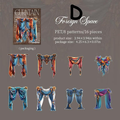 A product presentation graphic for 'Foreign Space' curtain PET patterns by D, showing the packaging box and eight different decorative curtain designs arranged on a textured dark gray background.