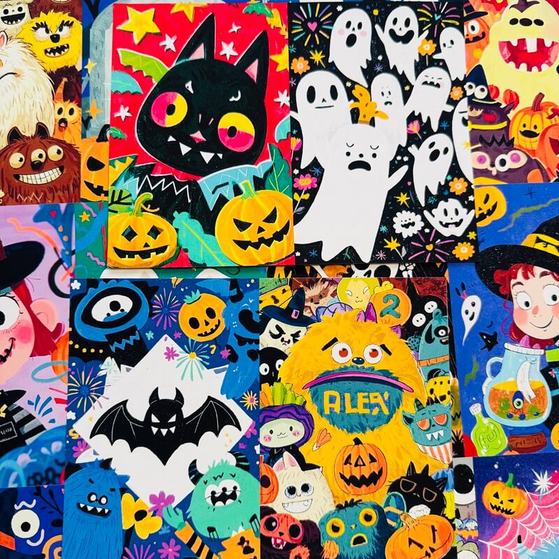A collage of colorful Halloween-themed art prints and cards featuring cartoon monsters, ghosts, pumpkins, bats, and faces in bright, playful colors.