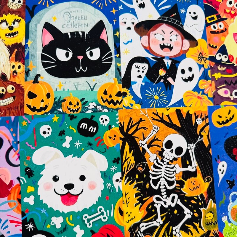 A colorful collage of Halloween-themed illustrations and faces, including a black cat, a witch, ghosts, pumpkins, a skeleton, a white dog, and playful faces on bright blue, teal, orange, yellow, and pink backgrounds.