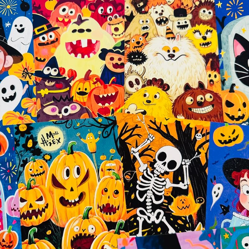 A dense collage of colorful Halloween-themed illustrations, including pumpkins, ghosts, a skeleton, a fluffy white cat, and cartoon faces on bright blue, orange, yellow, black, and pink backgrounds.