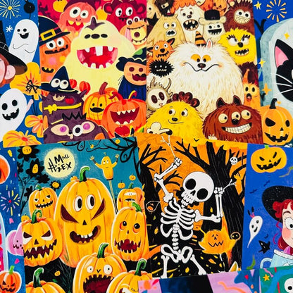 A dense collage of colorful Halloween-themed illustrations, including pumpkins, ghosts, a skeleton, a fluffy white cat, and cartoon faces on bright blue, orange, yellow, black, and pink backgrounds.