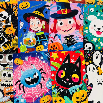 A close-up of a colorful Halloween-themed fabric or wallpaper pattern featuring cartoon illustrations of a witch, a vampire, a blue spider, a black cat, pumpkins, ghosts, and skeletons across multiple panels.