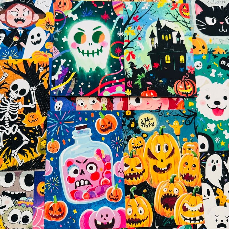 A close-up collage of colorful Halloween-themed printed fabrics or textiles, featuring cartoon skeletons, jack-o'-lanterns, ghosts, a haunted house, a black cat, a white dog, and playful spooky illustrations in bright multicolor tones.