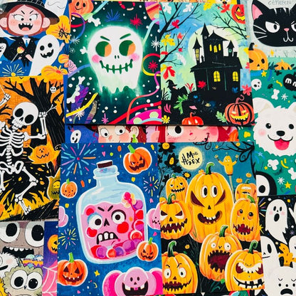 A close-up collage of colorful Halloween-themed printed fabrics or textiles, featuring cartoon skeletons, jack-o'-lanterns, ghosts, a haunted house, a black cat, a white dog, and playful spooky illustrations in bright multicolor tones.
