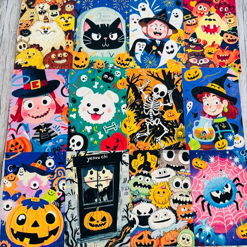 A square fabric or textile sample featuring a colorful collage of Halloween-themed cartoon illustrations, including pumpkins, ghosts, skeletons, witches, and spooky faces, laid flat on a light wood surface.
