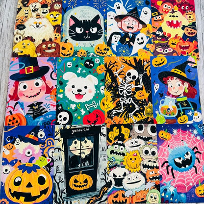 A square fabric or textile sample featuring a colorful collage of Halloween-themed cartoon illustrations, including pumpkins, ghosts, skeletons, witches, and spooky faces, laid flat on a light wood surface.