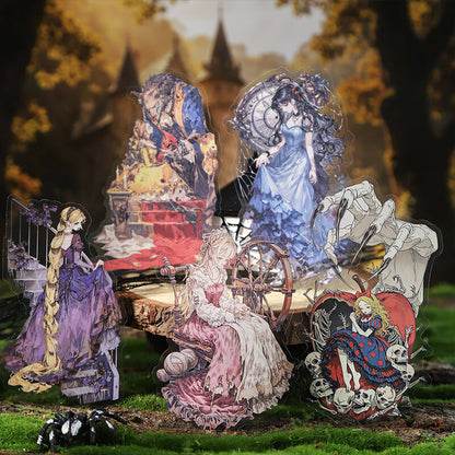 A set of anime-style acrylic standees featuring characters from The Seven Deadly Sins, displayed on a miniature forest backdrop with a castle and trees.