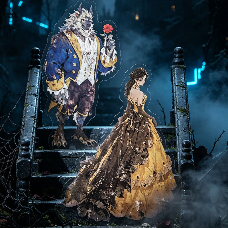 A die-cut vinyl sticker or art print featuring Belle de维尔 from Beauty and the Beast standing on stone stairs, alongside a large illustrated version of the Beast holding a red rose, set against a dark, misty gothic background.