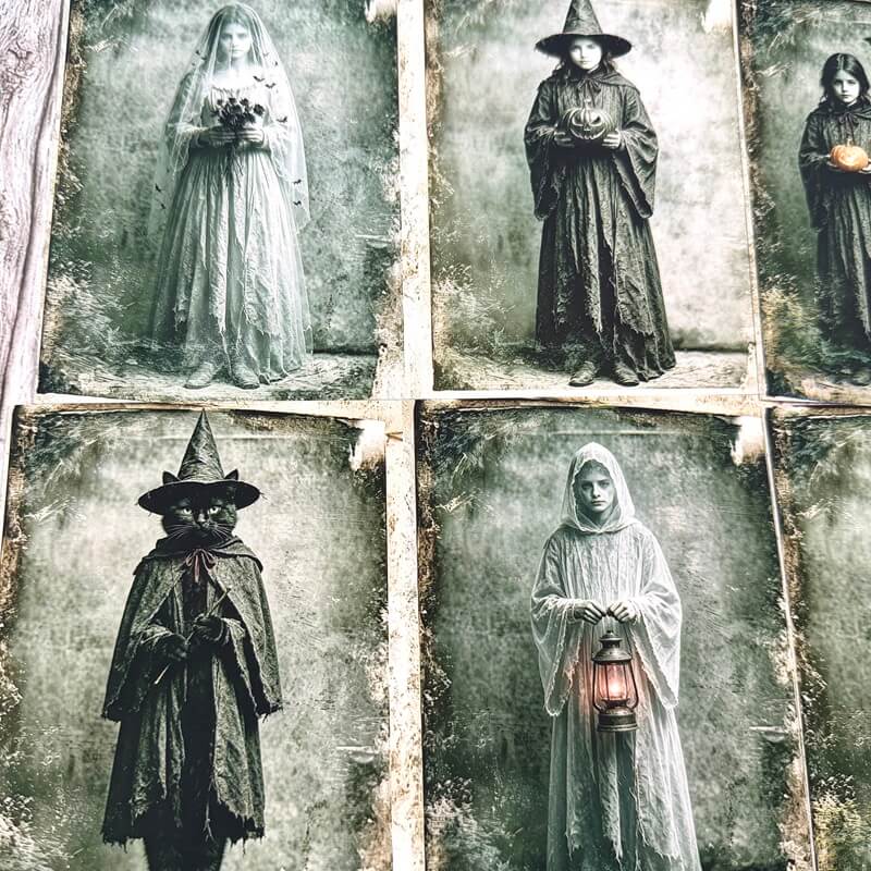 A vintage-style Halloween display featuring six sepia-toned portrait photos of children in witch and ghost costumes, arranged in a grid with distressed borders.