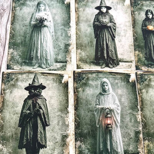 A vintage-style Halloween display featuring six sepia-toned portrait photos of children in witch and ghost costumes, arranged in a grid with distressed borders.