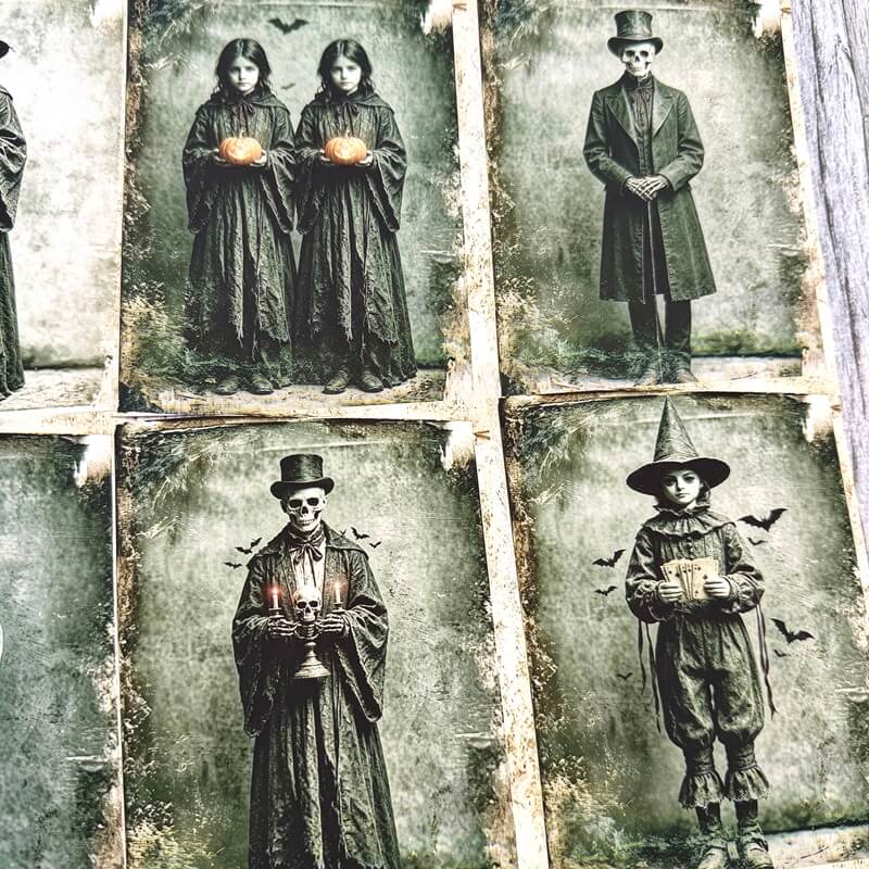 Vintage-style Halloween collage print featuring multiple sepia-toned portrait panels of children in dark costumes, including a witch, a skeleton in a top hat, and figures holding pumpkins and candles.
