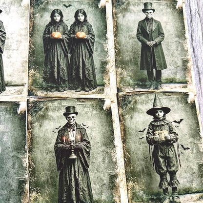 Vintage-style Halloween collage print featuring multiple sepia-toned portrait panels of children in dark costumes, including a witch, a skeleton in a top hat, and figures holding pumpkins and candles.