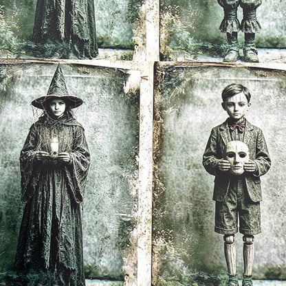 Vintage-style sepia-toned collage showing two children in costume: a girl in a pointed witch hat and long dark robe holding a candle, and a boy in a suit holding a skull. The photo has a distressed, aged aesthetic with a cross dividing the frame and cropped figures at the top.