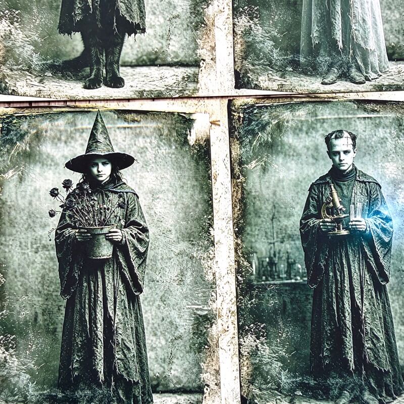 Vintage-style sepia-toned collage of two children in long dark robes, one wearing a pointed witch hat and holding a flower pot, the other holding a small object, with additional cropped figures at the top.