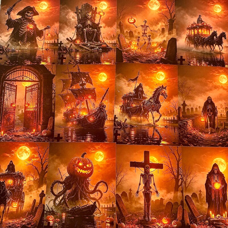 DarkHalloweenscrapbookpaperwithskeletonsgraveyardshauntedcarriagesandglowingpumpkins