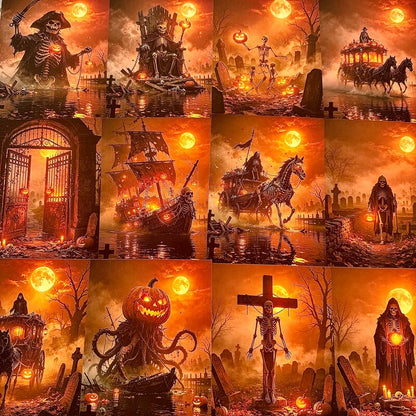 DarkHalloweenscrapbookpaperwithskeletonsgraveyardshauntedcarriagesandglowingpumpkins