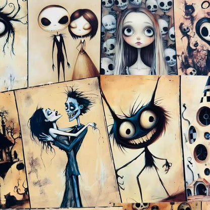 A collage of horror-themed art prints featuring stylized cartoon characters, skulls, and spooky illustrations on aged beige backgrounds.