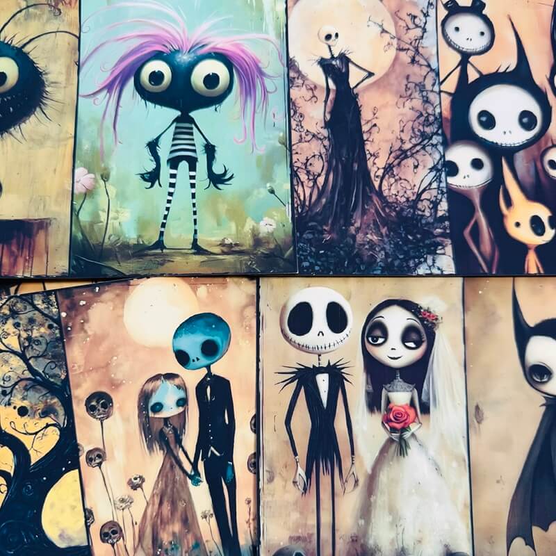A collage of multiple stylized art prints or panels featuring cartoon-like characters with large eyes, including a pink-haired figure, a skeleton bride, and dark fantasy figures on a beige and brown background.