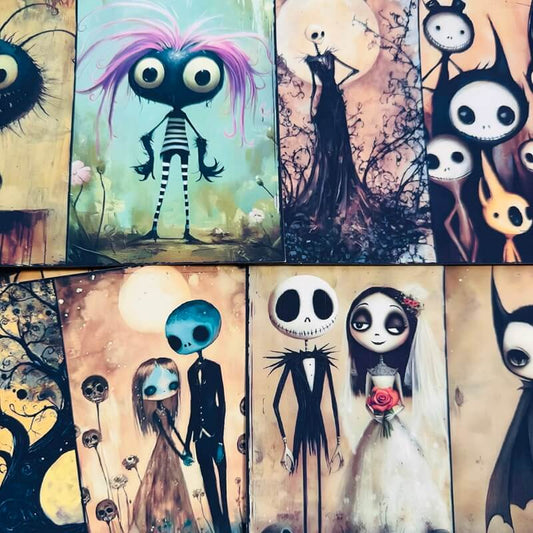 A collage of multiple stylized art prints or panels featuring cartoon-like characters with large eyes, including a pink-haired figure, a skeleton bride, and dark fantasy figures on a beige and brown background.