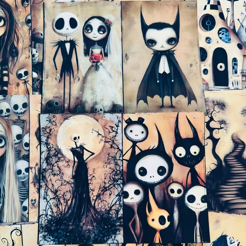 A collage of gothic horror art prints featuring Jack Skellington, Sally, and other stylized cartoon characters in black, white, beige, and brown tones.