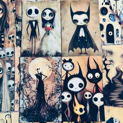 A collage of gothic horror art prints featuring Jack Skellington, Sally, and other stylized cartoon characters in black, white, beige, and brown tones.