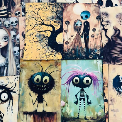 A collage of multiple stylized horror-themed art prints featuring cartoonish skull-faced characters, a tree with no leaves, a couple under a moon, and spooky monsters with large eyes.