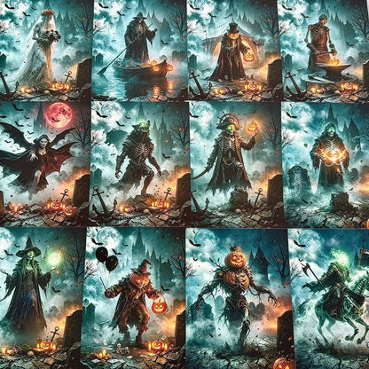 Dark gothic Halloween scrapbook paper with skeletons graveyards witches and pumpkins