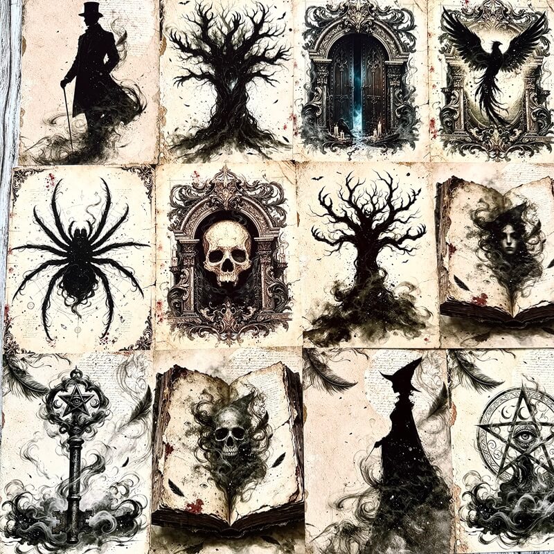 Dark gothic Halloween scrapbook paper with skulls ravens spiders and twisted trees