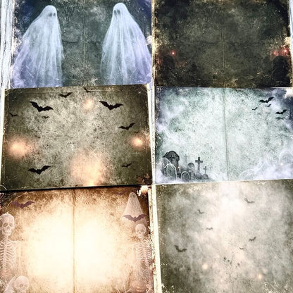 Dark gothic background scrapbook paper with ghosts bats and cemetery designs