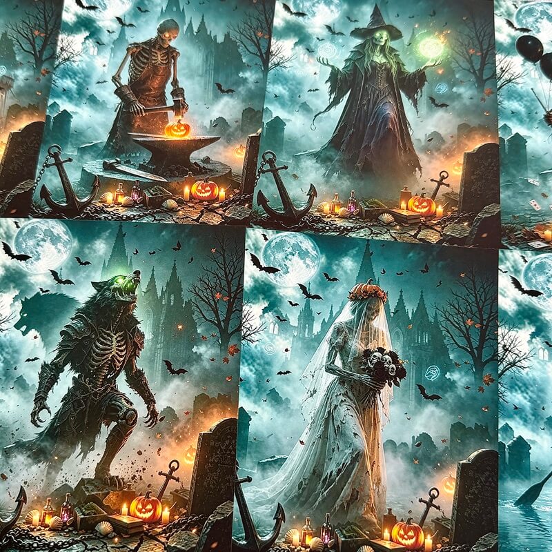 Dark skeleton graveyard Halloween scrapbook paper