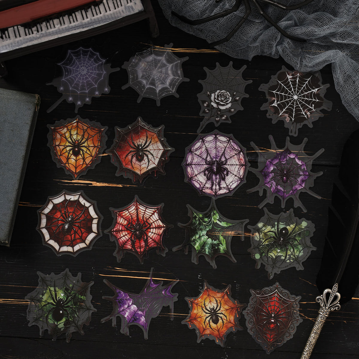 DarkspiderwebPETstickersinorange_red_purple_greenandblackgothicdesigns