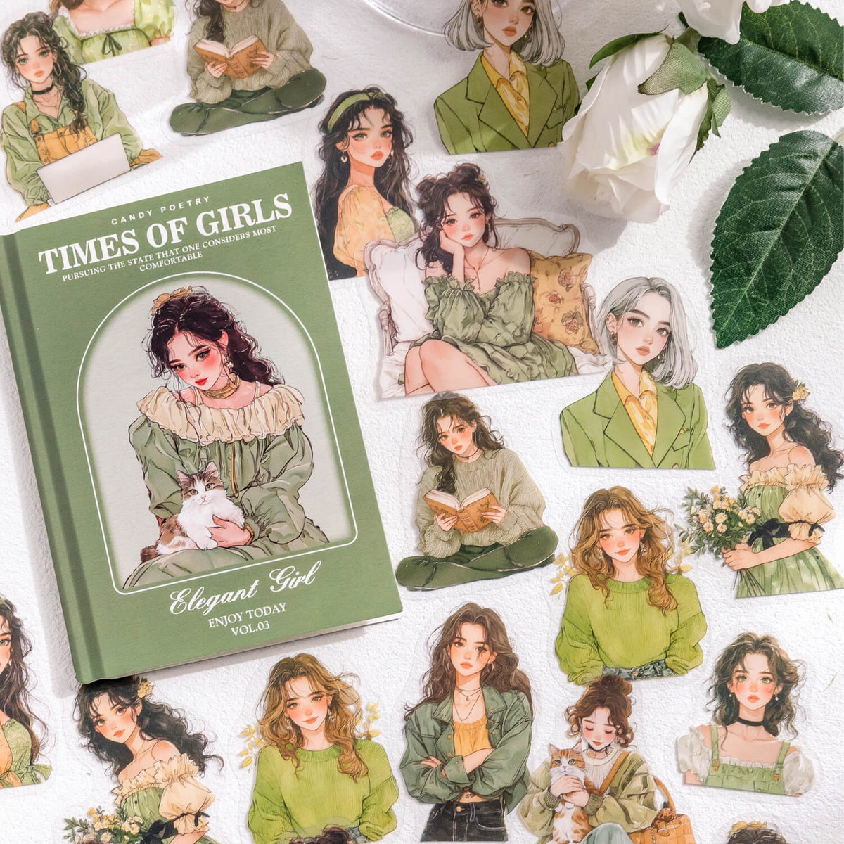 ElegantGirlPETstickersfeaturingwomeningreenoutfitsreading_holdingcats_relaxing_andcarryingflowers