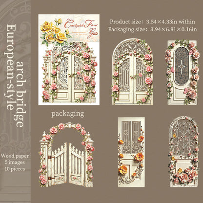 Europeanarchwaypaperstickerswithcreamdoorsandpinkclimbingroses