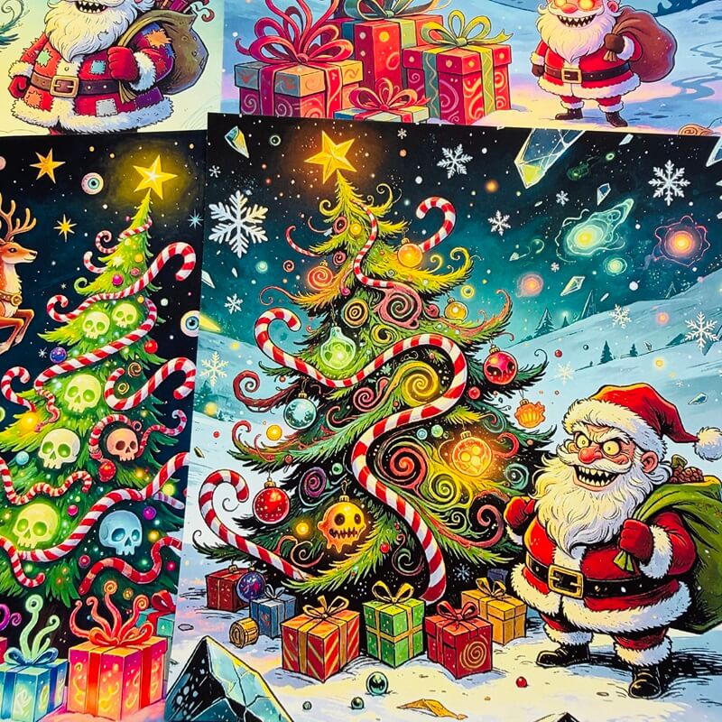 EvilSantascrapbookpaperfeaturingatwistedChristmastreewithskullornaments_candycanesandcolorfulgifts