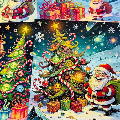 EvilSantascrapbookpaperfeaturingatwistedChristmastreewithskullornaments_candycanesandcolorfulgifts