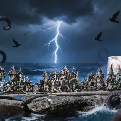 A decorative miniature castle diorama set on a rocky seaside base, shown against a dramatic illustrated storm scene with lightning, crows, tentacles, and dark ocean water.