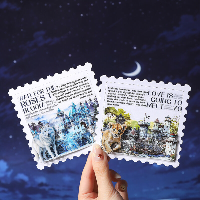 Two decorative postage-style cards with scalloped edges are held in a hand against a dark blue night-sky background with stars and a crescent moon. The left card shows a white wolf in a snowy castle scene with the text 'WAIT FOR THE ROSES TO BLOOM.
