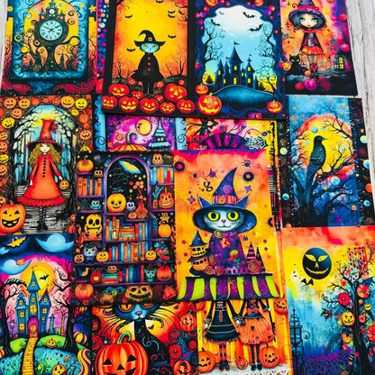 A vibrant collage of multiple colorful Halloween-themed art prints featuring whimsical illustrations of witches, pumpkins, haunted castles, crows, and cats in bright neon colors.