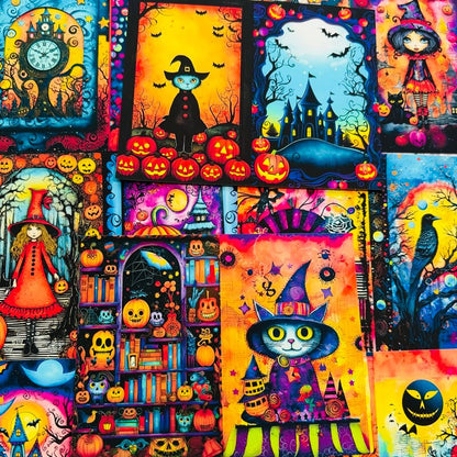 A vibrant, colorful Halloween-themed collage print featuring whimsical illustrations of witches, cats, pumpkins, castles, ravens, and spooky scenes in a watercolor style.
