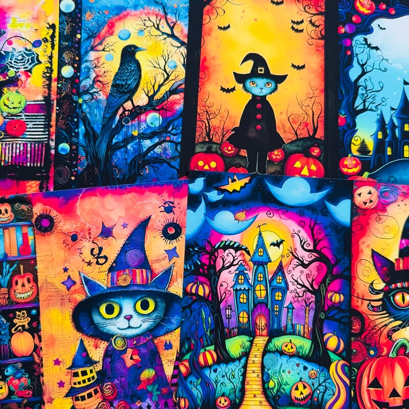 A collage of colorful Halloween-themed illustrations featuring cats in witch hats, pumpkins, bats, haunted houses, and a full moon in vivid neon colors.