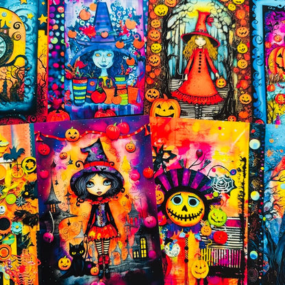 A collage of colorful Halloween-themed art prints featuring whimsical witch characters, jack-o'-lanterns, bats, and spooky scenes in vivid neon and pastel tones.