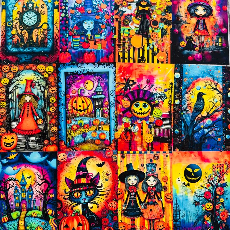 A 3x3 collage of vibrant, colorful Halloween-themed art prints featuring whimsical illustrations of witches, cats, pumpkins, haunted houses, and birds in bright neon and warm tones.