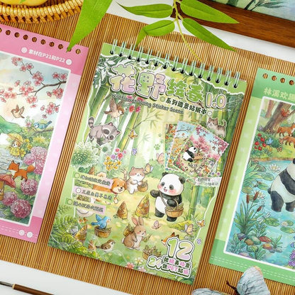 A colorful spiral-bound children's sticker book titled '花野精灵10' lies on a bamboo mat, surrounded by other illustrated sticker books. The main book features a panda, fox, rabbit, and other woodland animals in a lush green forest scene with flowers and butterflies.