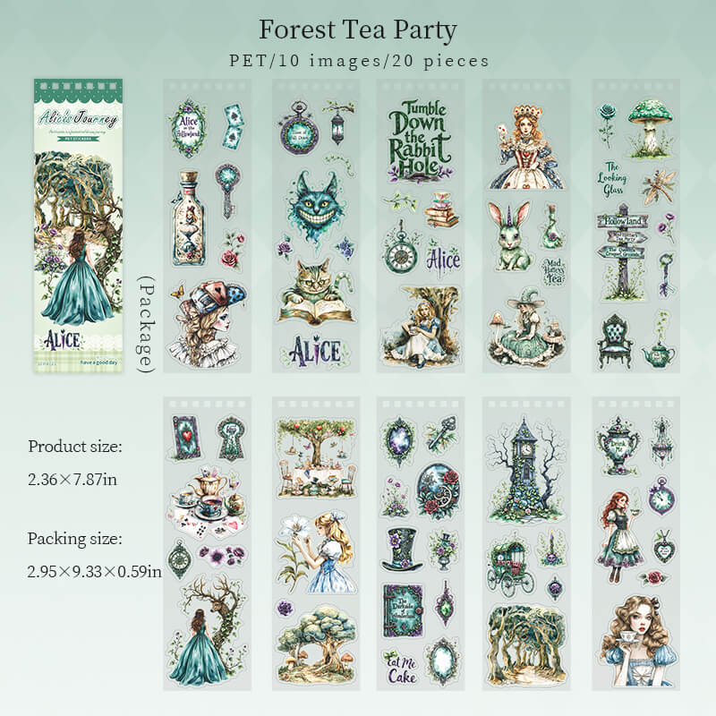 Forest_Tea_Party_Alice_in_Wonderland_PET_sticker_sheets_with_rabbits_grinning_cats_mushrooms_and_woodland_tea_scenes