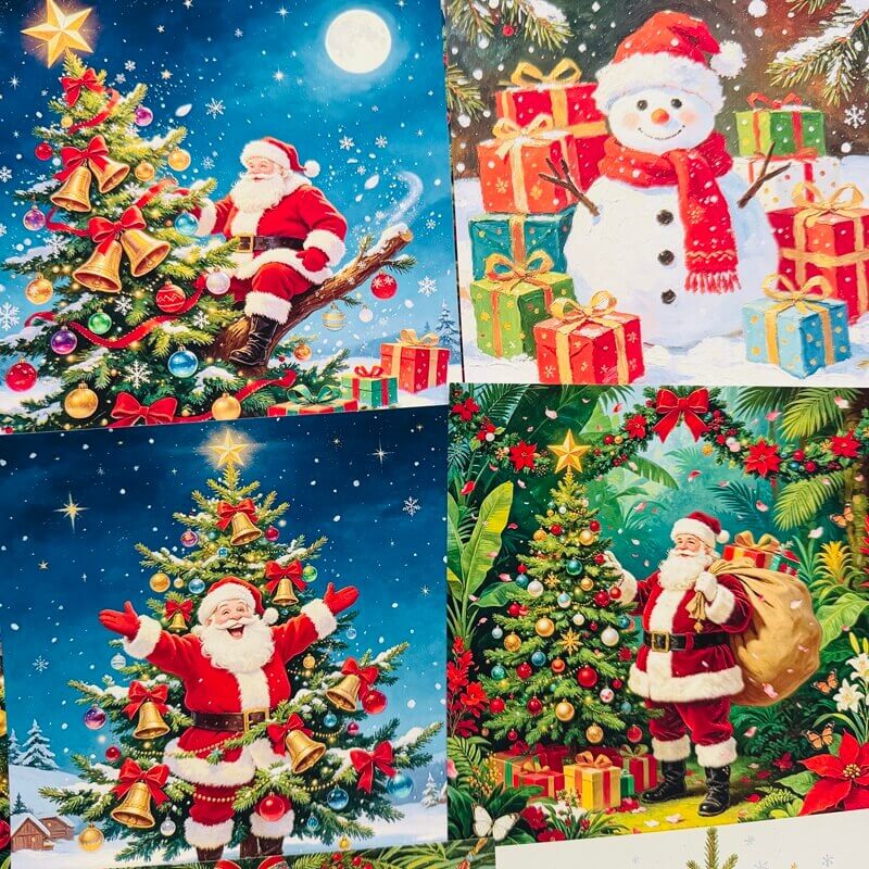 FourChristmasscrapbookpaperdesignsfeaturingSantabesidedecoratedtreesandasnowmansurroundedbygifts
