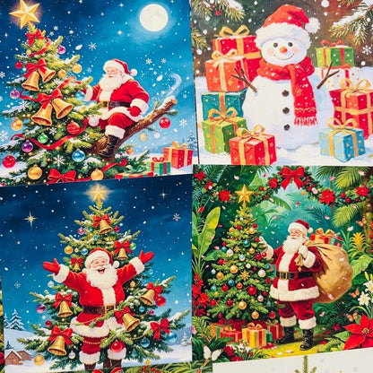 FourChristmasscrapbookpaperdesignsfeaturingSantabesidedecoratedtreesandasnowmansurroundedbygifts