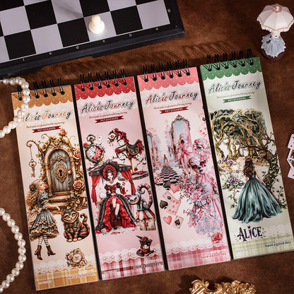 Four_Alice_s_Journey_PET_sticker_books_featuring_vintage_Wonderland_designs_in_gold_red_pink_and_forest_green