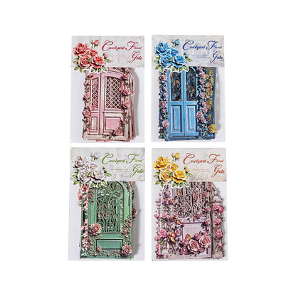 FourpacksofCourtyardFloralGatevintagecardstockembellishmentsinpink_blue_green_andyellow