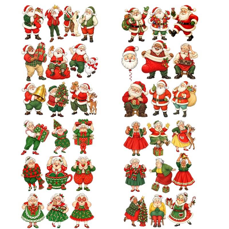 FourstylesofvintageChristmasSantaandgrandma3Dembossedstickersfeaturingfestiveoutfits_gifts_Christmastrees_andholidaytreats